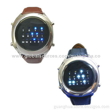 2014 Novelty Design Digital LED Binary Watches with Alarm, Coming, Leather Band
